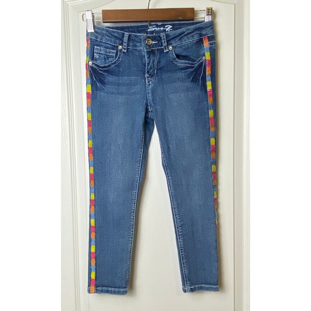 Seven7 Girls Rainbow Checkered Embroidered Side Hem Jeans Size 10